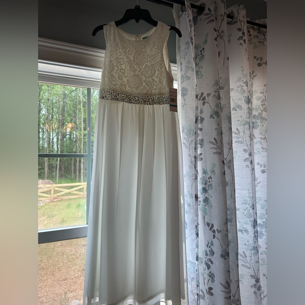 Flower Girl full length, chiffon white dress with jeweled waist. New with tags.